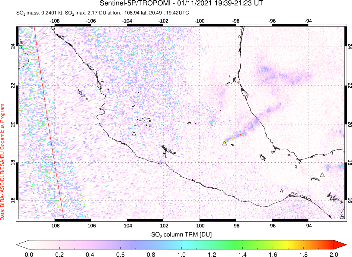 A sulfur dioxide image over Mexico on Jan 11, 2021.
