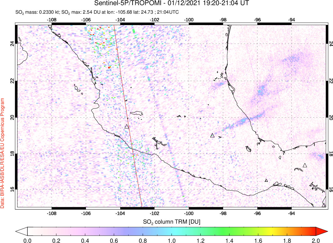 A sulfur dioxide image over Mexico on Jan 12, 2021.