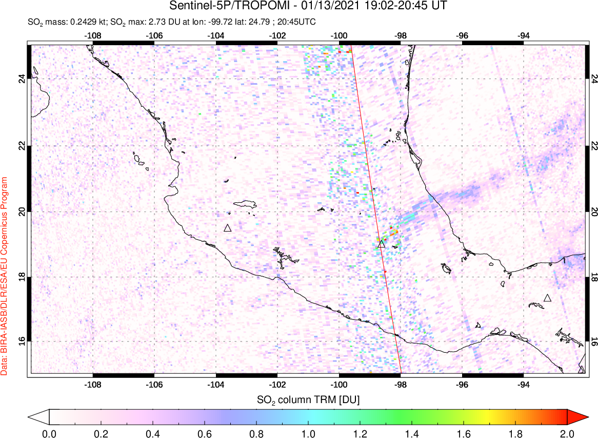 A sulfur dioxide image over Mexico on Jan 13, 2021.