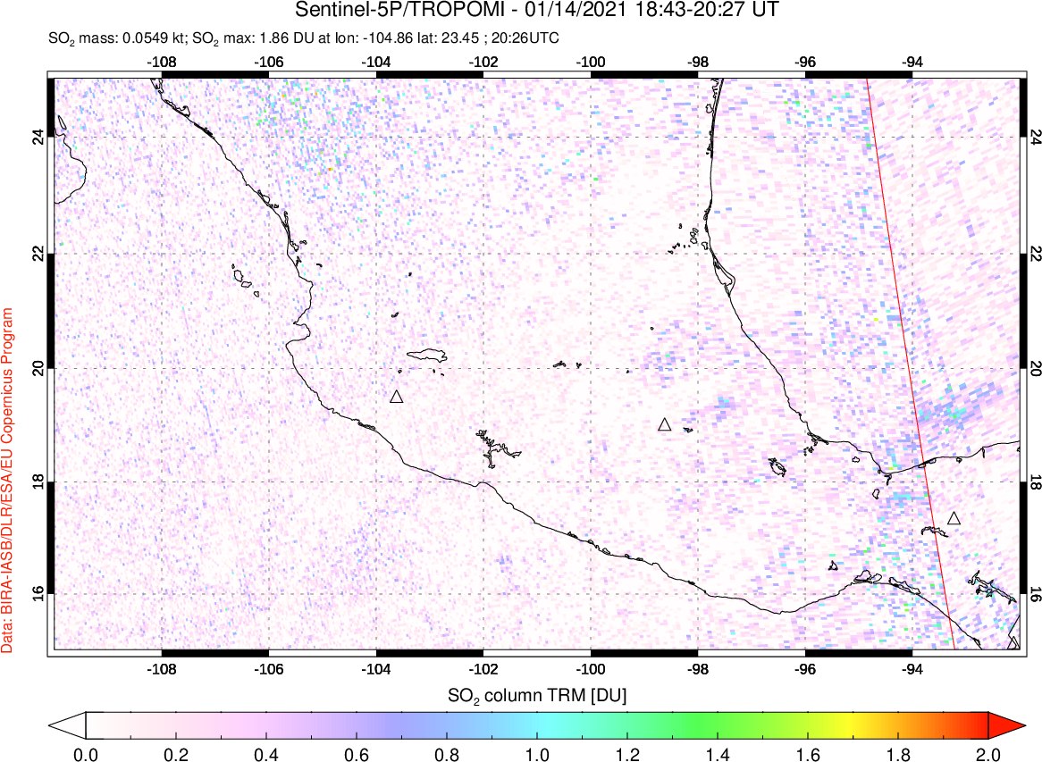 A sulfur dioxide image over Mexico on Jan 14, 2021.