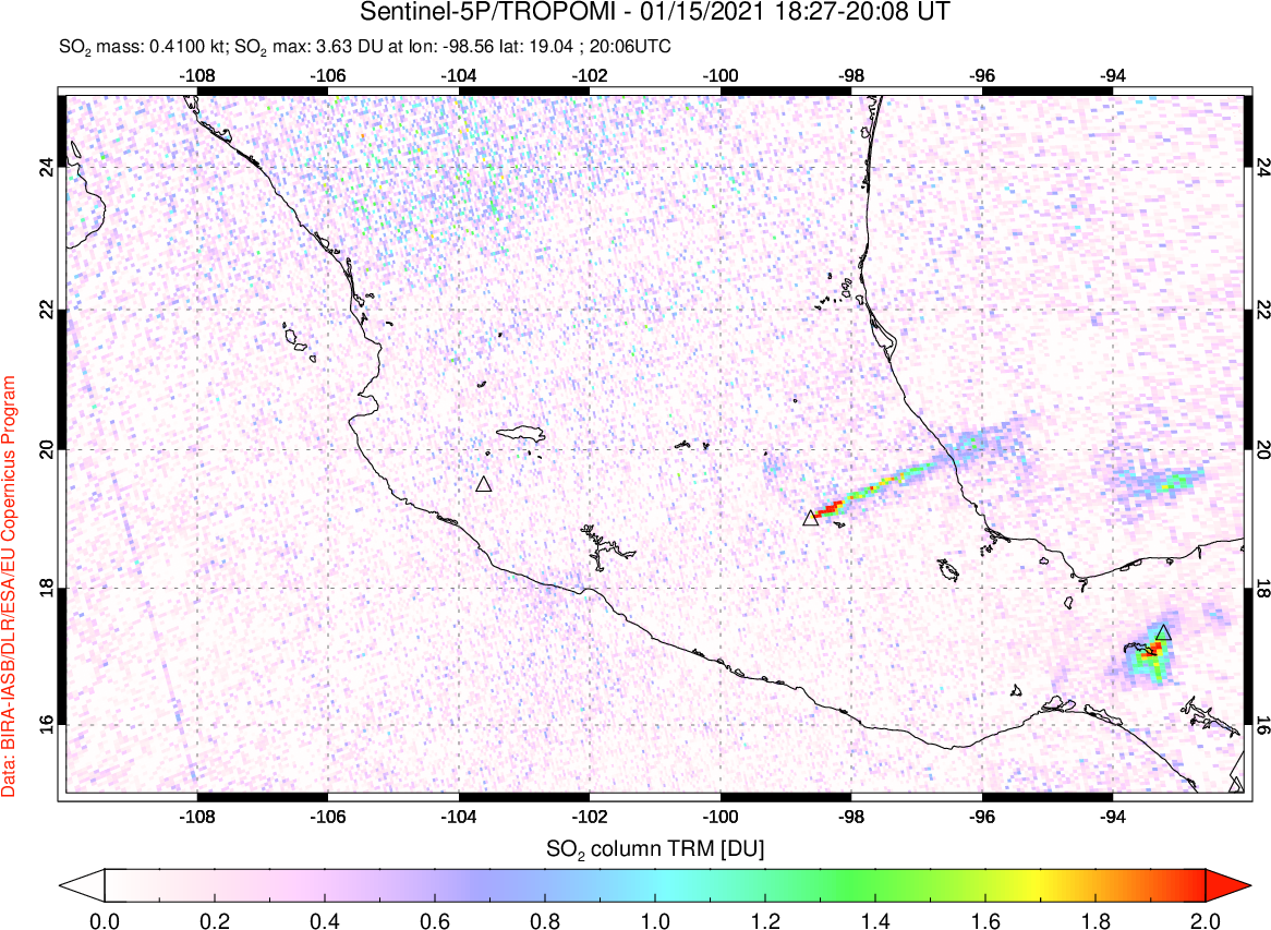A sulfur dioxide image over Mexico on Jan 15, 2021.