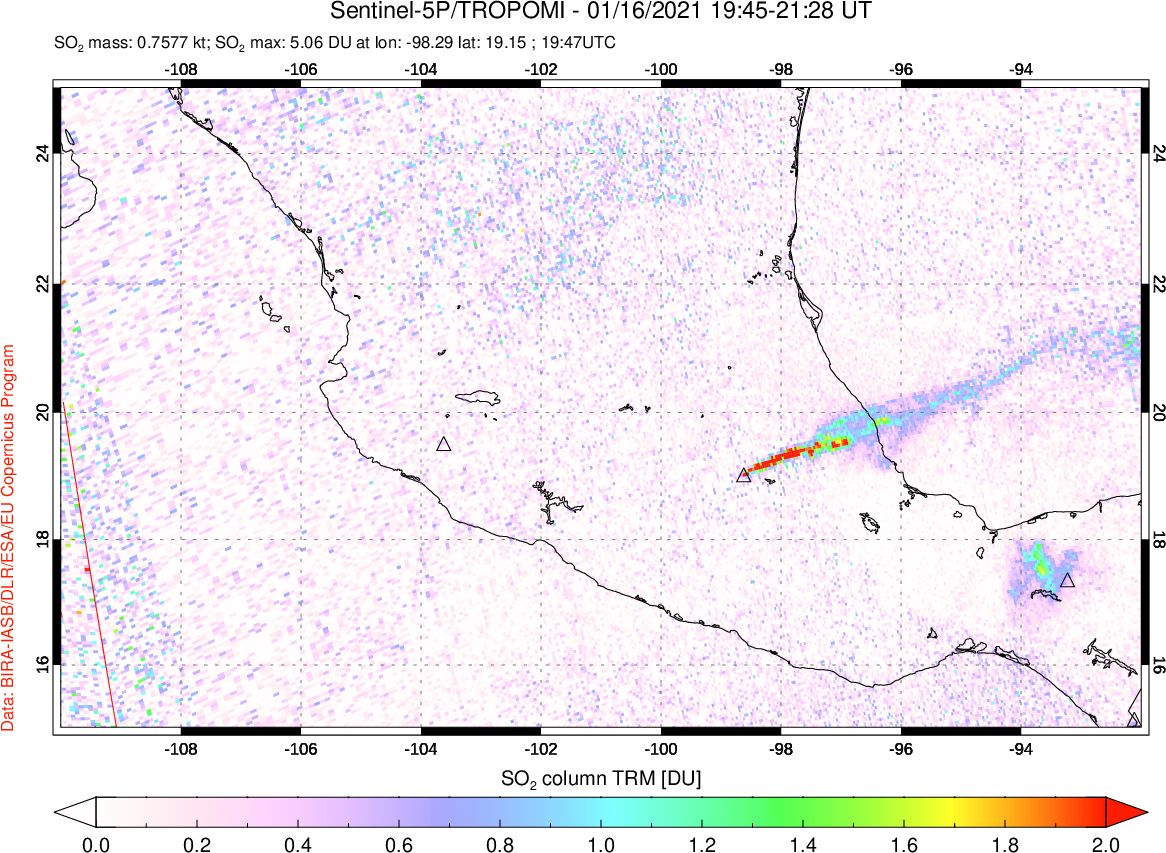 A sulfur dioxide image over Mexico on Jan 16, 2021.