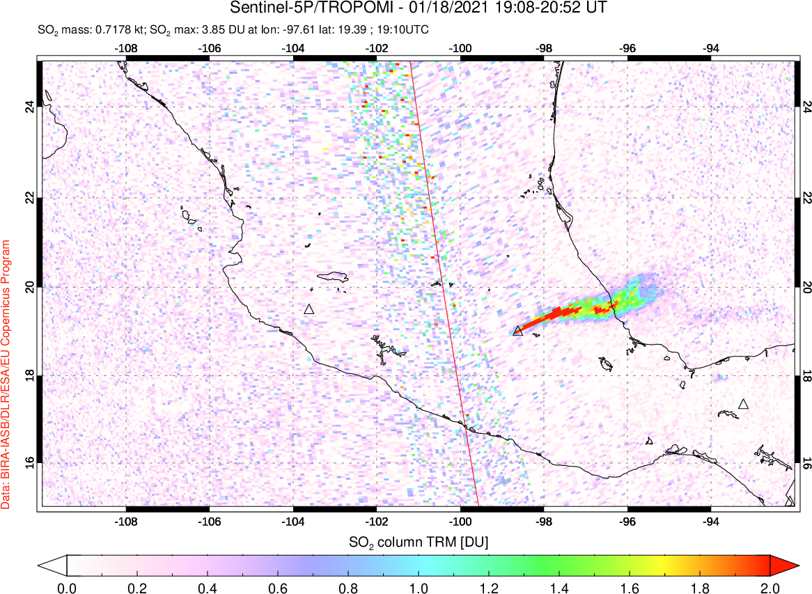 A sulfur dioxide image over Mexico on Jan 18, 2021.