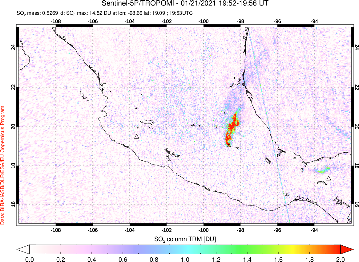 A sulfur dioxide image over Mexico on Jan 21, 2021.
