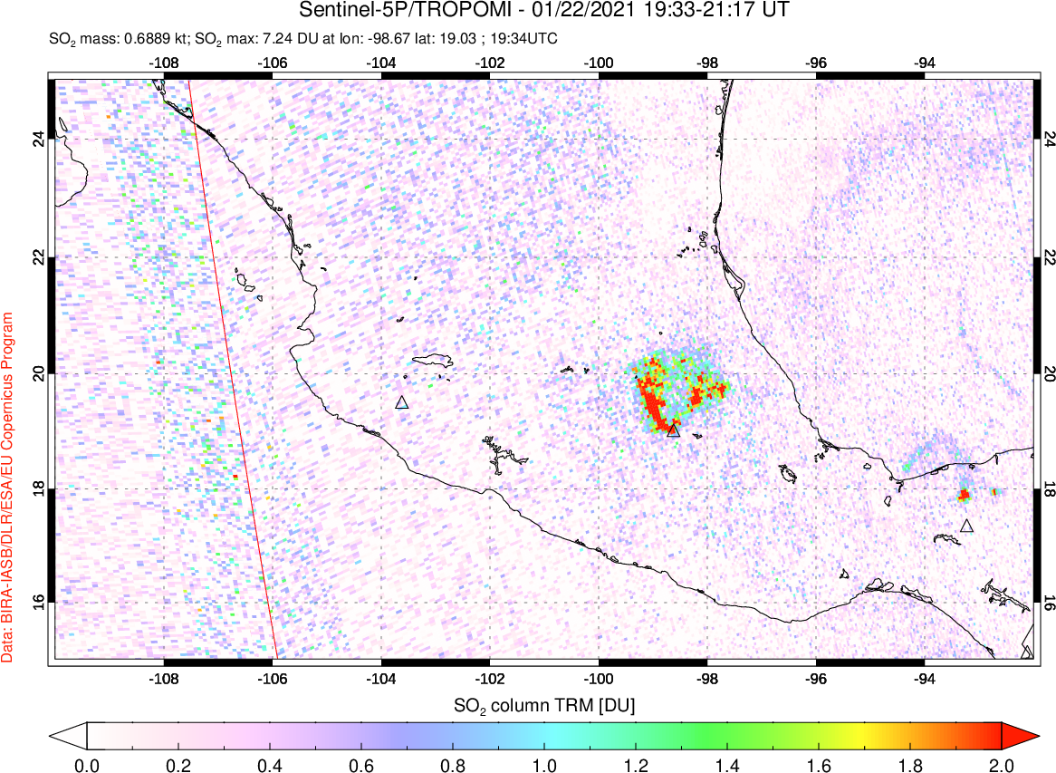 A sulfur dioxide image over Mexico on Jan 22, 2021.