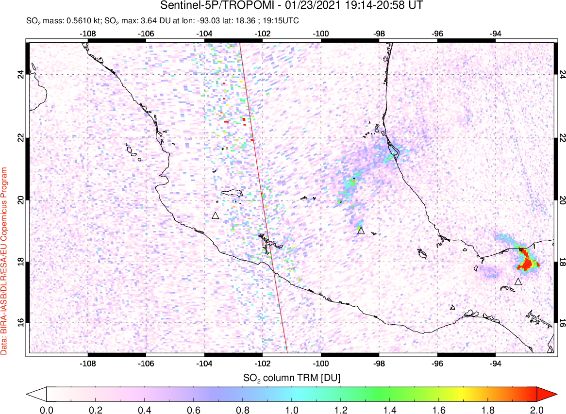 A sulfur dioxide image over Mexico on Jan 23, 2021.