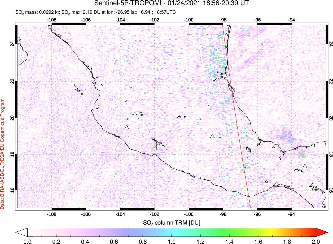 A sulfur dioxide image over Mexico on Jan 24, 2021.