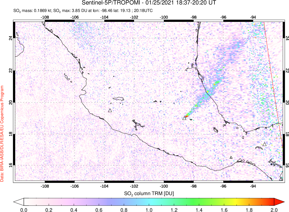 A sulfur dioxide image over Mexico on Jan 25, 2021.