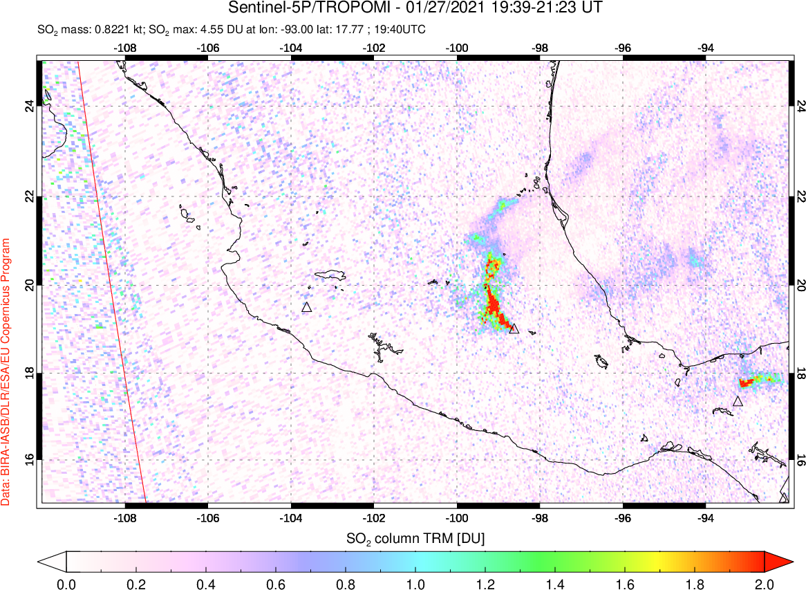 A sulfur dioxide image over Mexico on Jan 27, 2021.