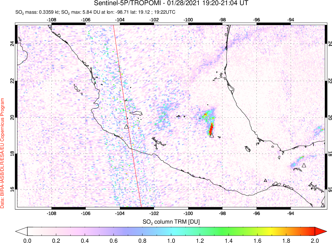 A sulfur dioxide image over Mexico on Jan 28, 2021.