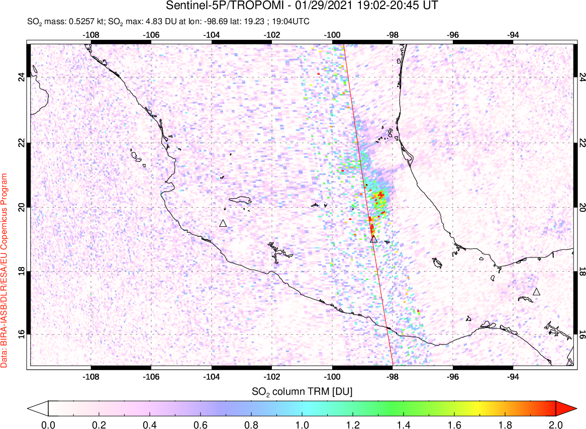 A sulfur dioxide image over Mexico on Jan 29, 2021.
