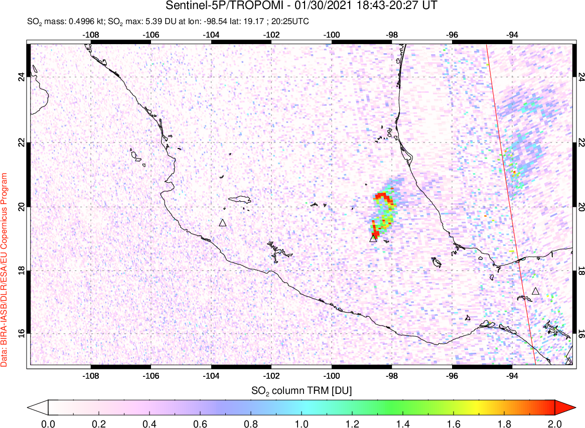 A sulfur dioxide image over Mexico on Jan 30, 2021.