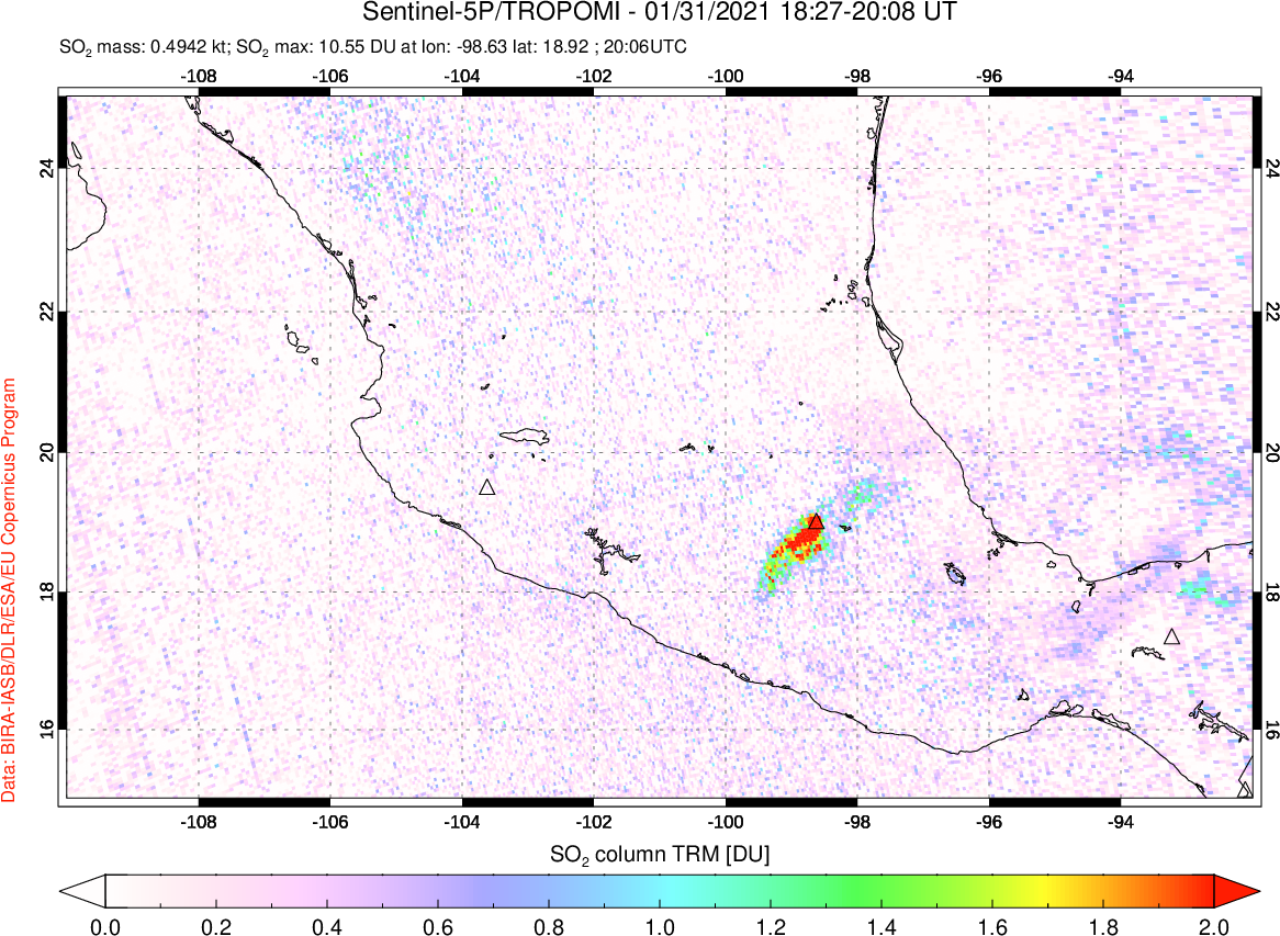 A sulfur dioxide image over Mexico on Jan 31, 2021.