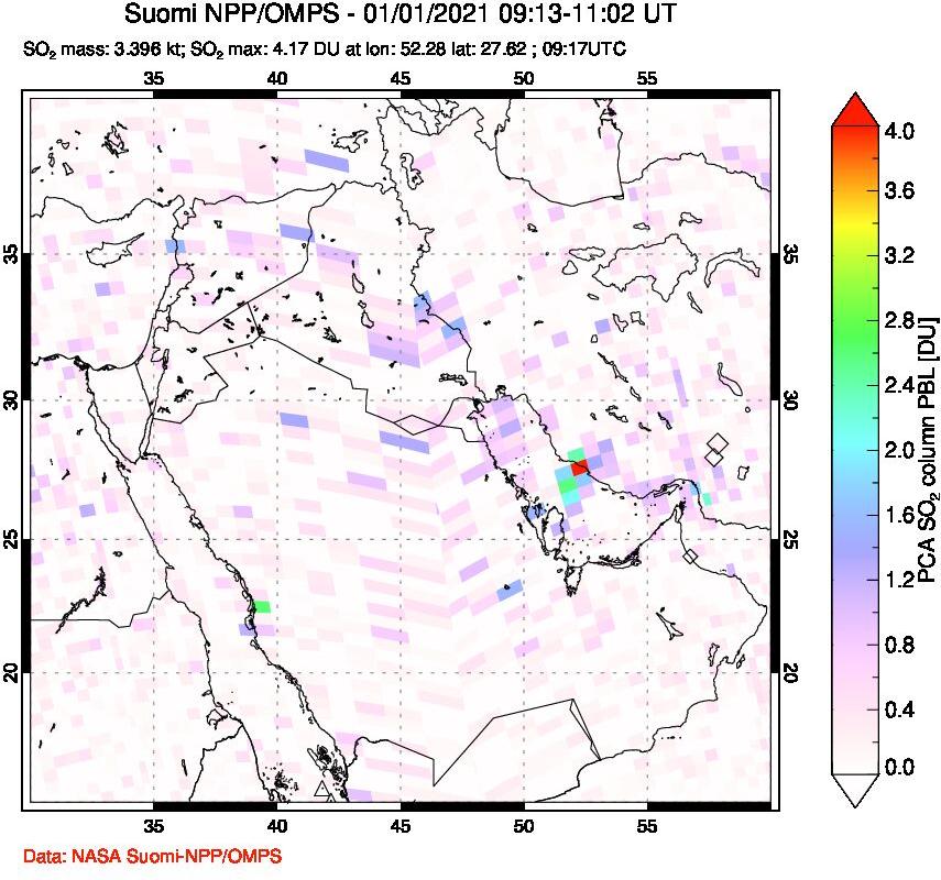 A sulfur dioxide image over Middle East on Jan 01, 2021.