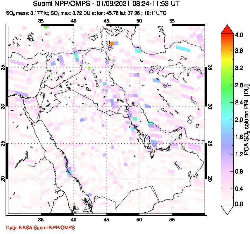 A sulfur dioxide image over Middle East on Jan 09, 2021.