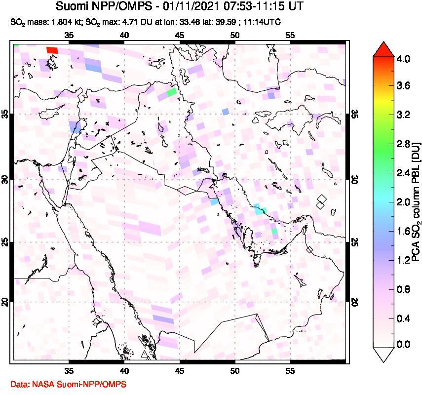 A sulfur dioxide image over Middle East on Jan 11, 2021.
