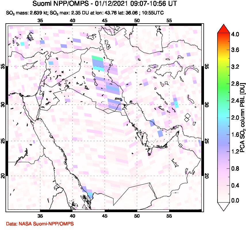 A sulfur dioxide image over Middle East on Jan 12, 2021.