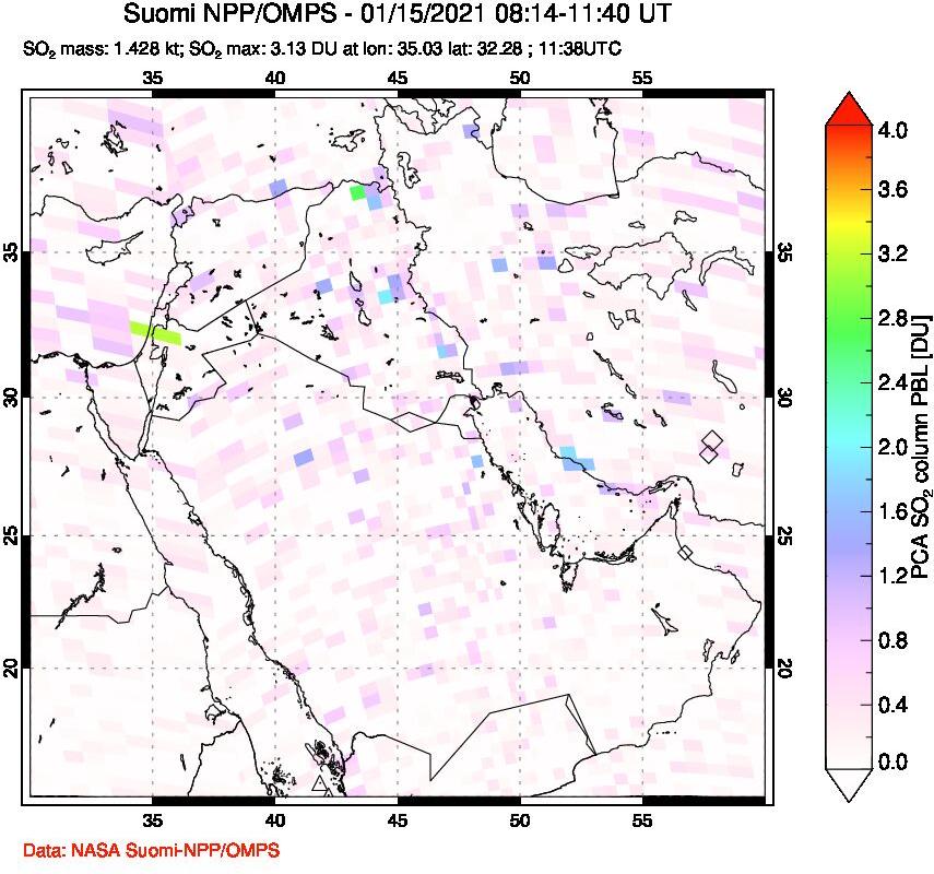 A sulfur dioxide image over Middle East on Jan 15, 2021.