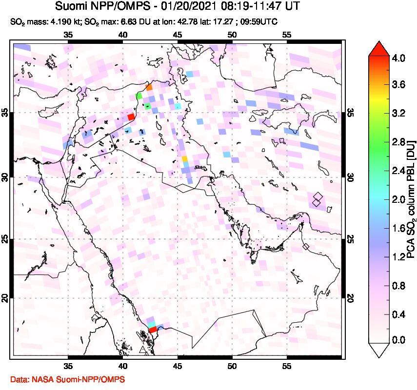 A sulfur dioxide image over Middle East on Jan 20, 2021.