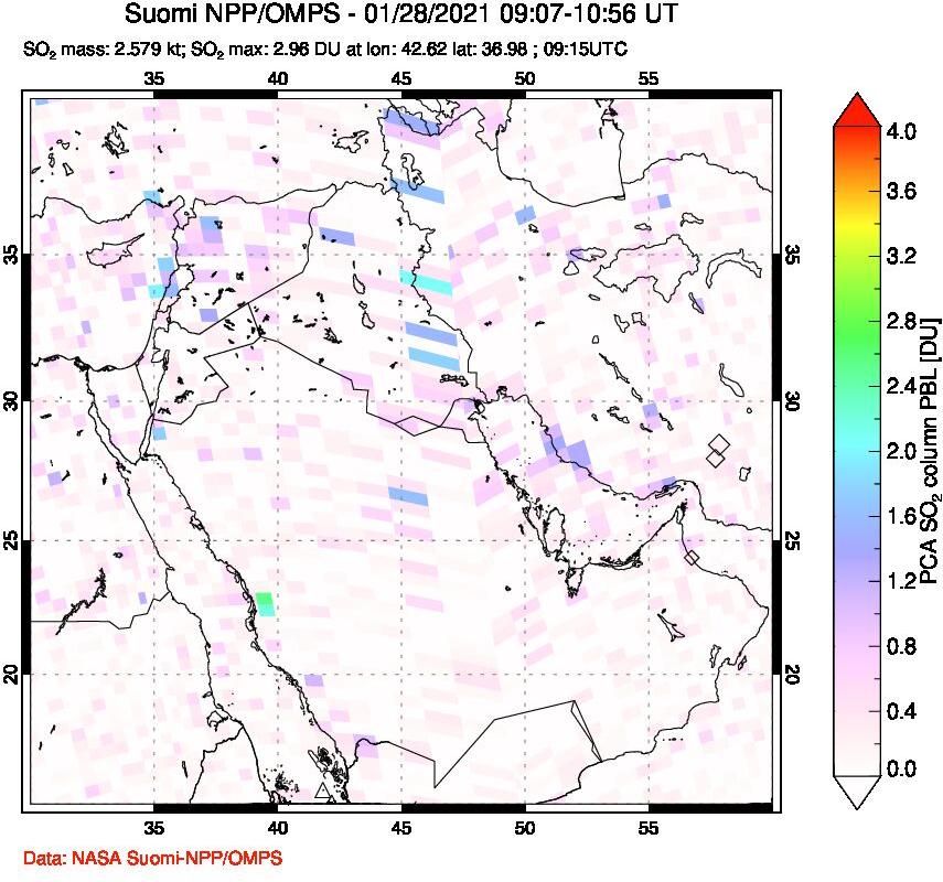 A sulfur dioxide image over Middle East on Jan 28, 2021.