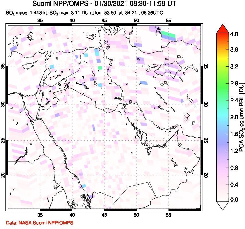 A sulfur dioxide image over Middle East on Jan 30, 2021.
