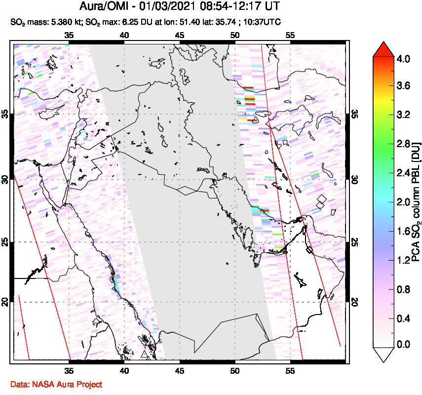 A sulfur dioxide image over Middle East on Jan 03, 2021.
