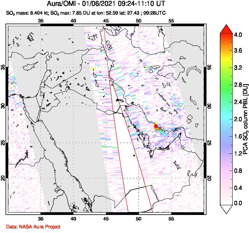 A sulfur dioxide image over Middle East on Jan 06, 2021.