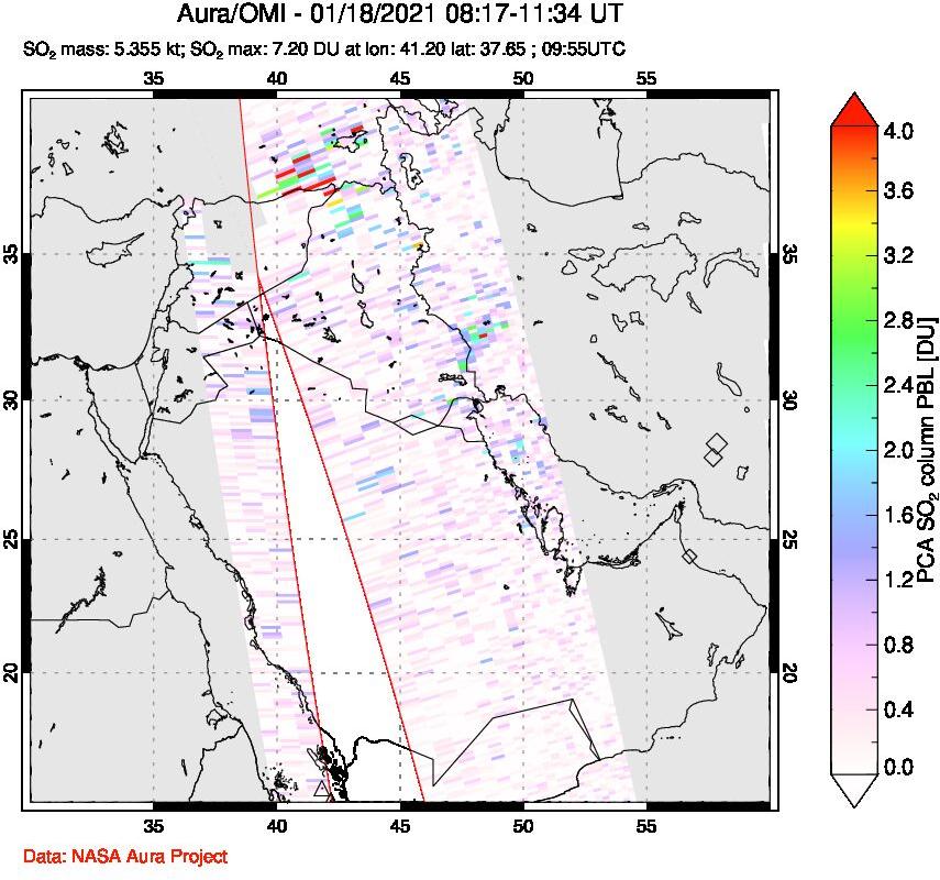 A sulfur dioxide image over Middle East on Jan 18, 2021.
