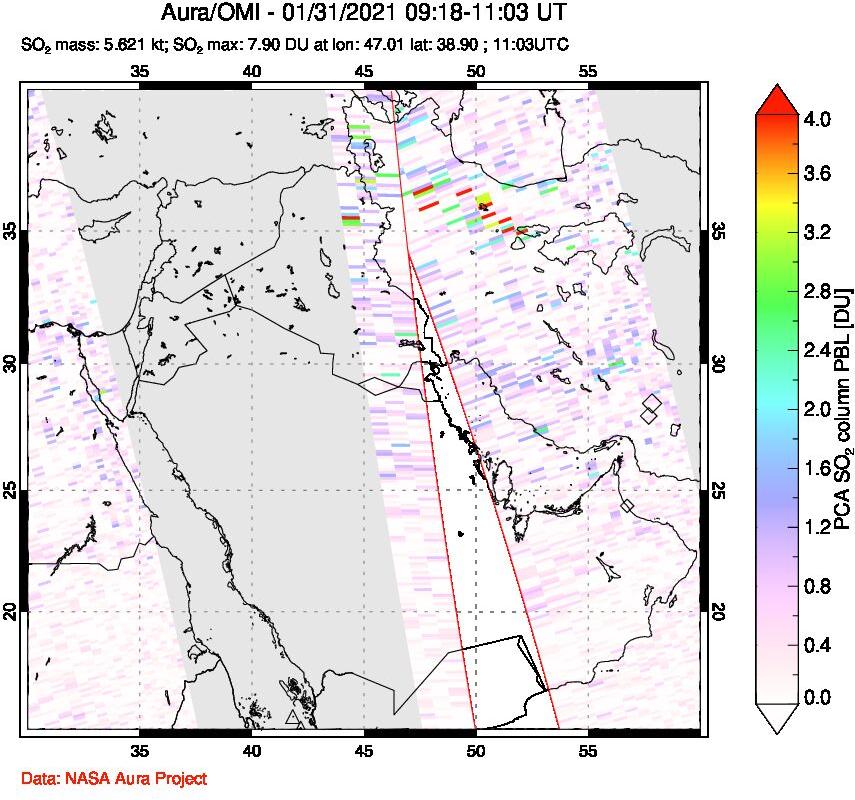 A sulfur dioxide image over Middle East on Jan 31, 2021.