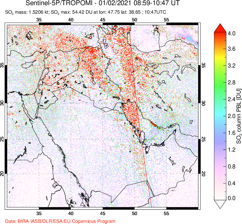 A sulfur dioxide image over Middle East on Jan 02, 2021.