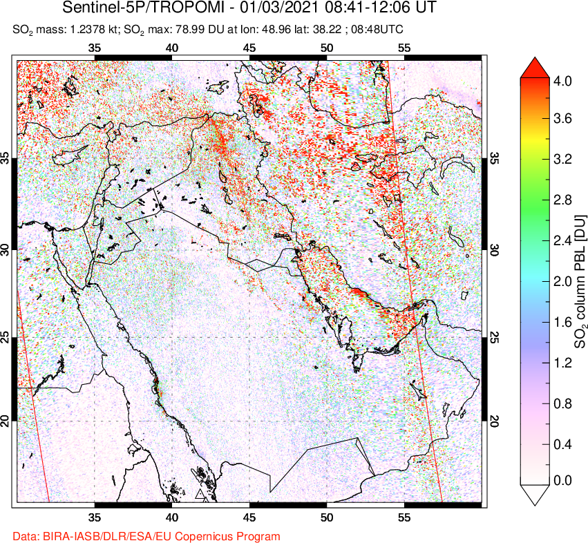 A sulfur dioxide image over Middle East on Jan 03, 2021.