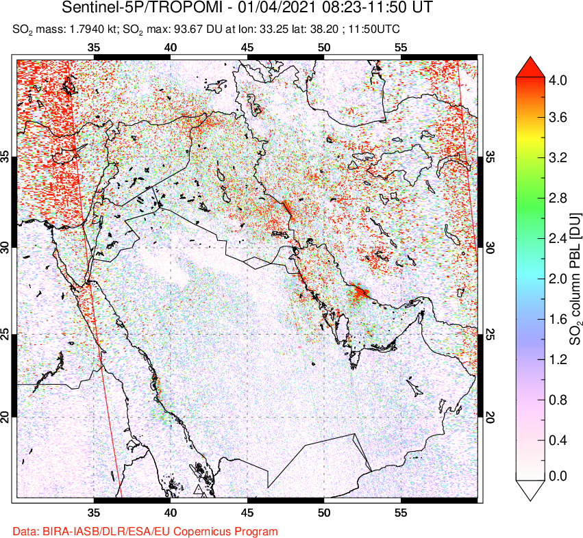 A sulfur dioxide image over Middle East on Jan 04, 2021.