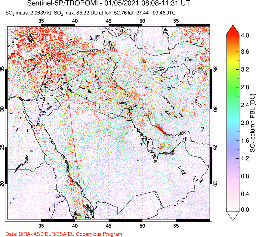 A sulfur dioxide image over Middle East on Jan 05, 2021.