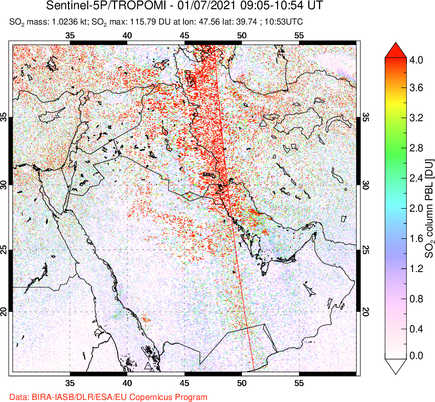 A sulfur dioxide image over Middle East on Jan 07, 2021.
