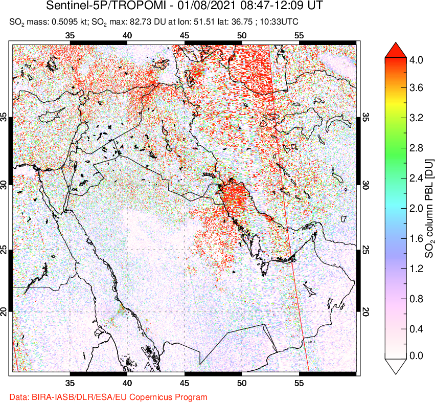 A sulfur dioxide image over Middle East on Jan 08, 2021.