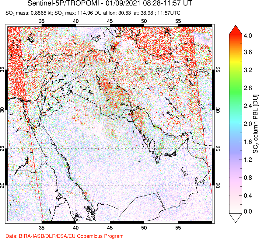 A sulfur dioxide image over Middle East on Jan 09, 2021.
