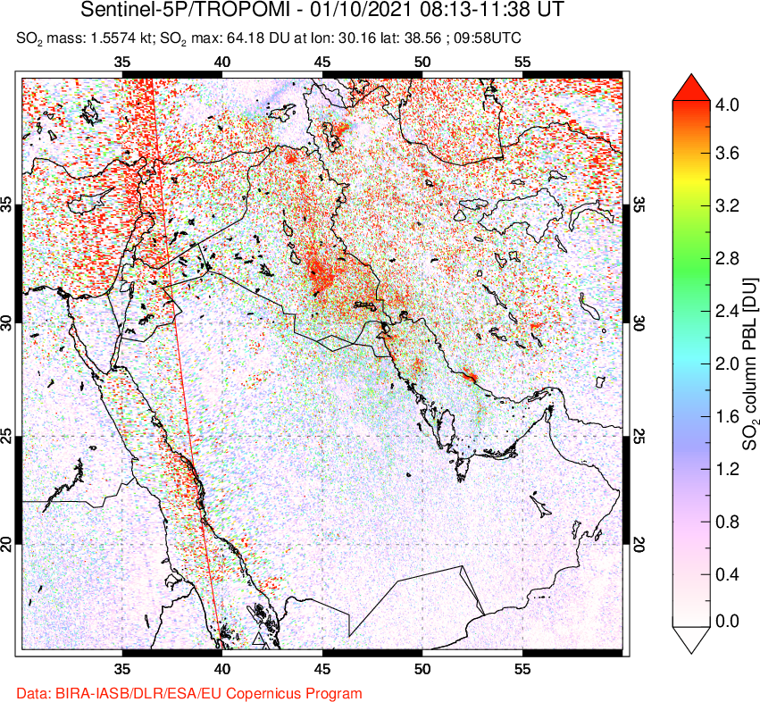 A sulfur dioxide image over Middle East on Jan 10, 2021.