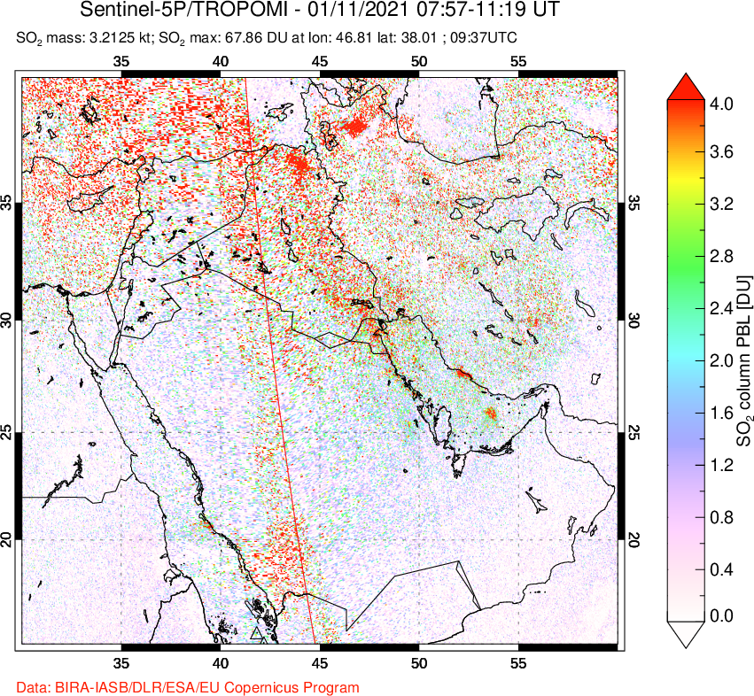 A sulfur dioxide image over Middle East on Jan 11, 2021.
