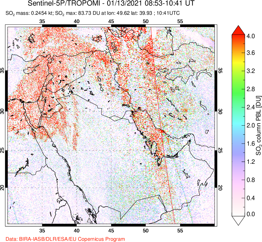 A sulfur dioxide image over Middle East on Jan 13, 2021.