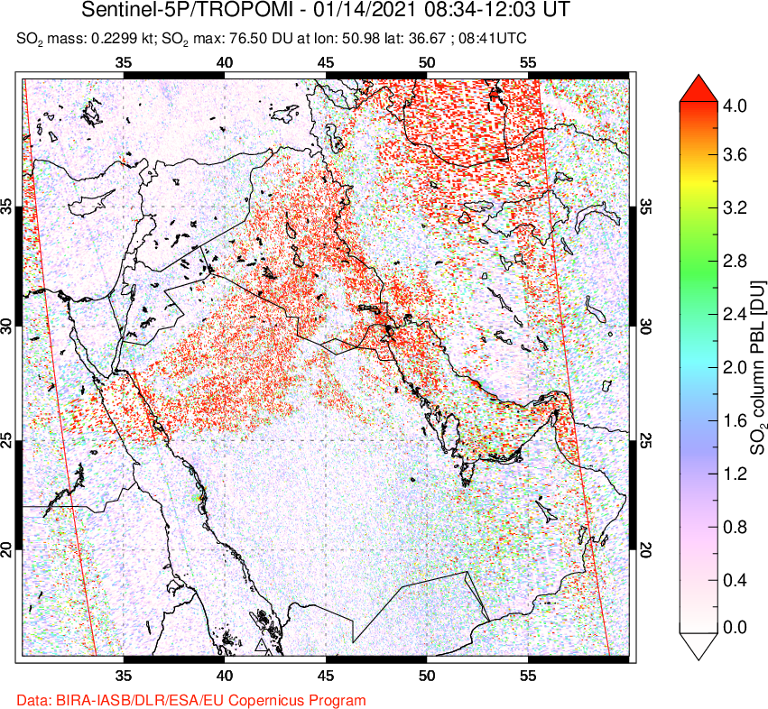 A sulfur dioxide image over Middle East on Jan 14, 2021.