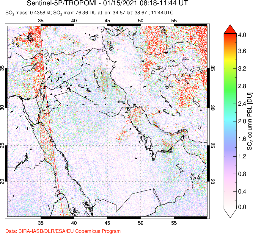 A sulfur dioxide image over Middle East on Jan 15, 2021.