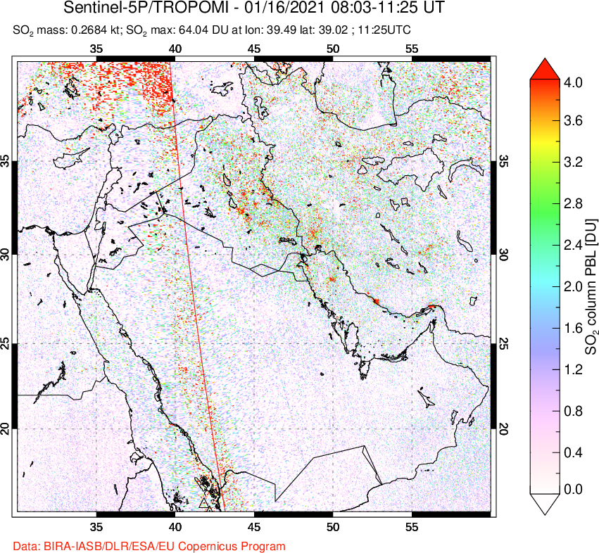 A sulfur dioxide image over Middle East on Jan 16, 2021.