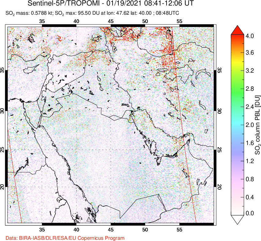 A sulfur dioxide image over Middle East on Jan 19, 2021.