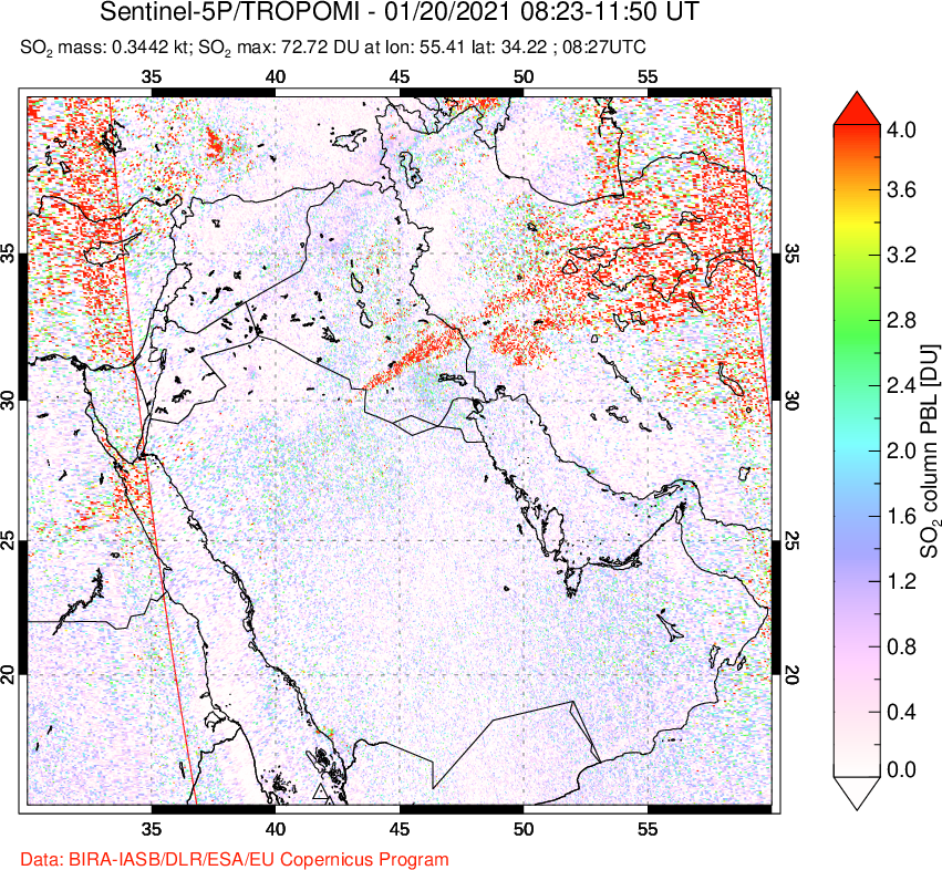 A sulfur dioxide image over Middle East on Jan 20, 2021.