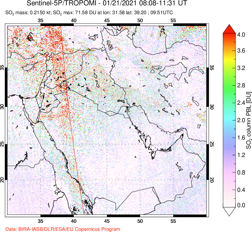 A sulfur dioxide image over Middle East on Jan 21, 2021.