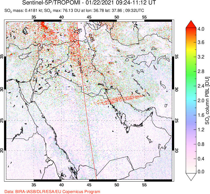 A sulfur dioxide image over Middle East on Jan 22, 2021.