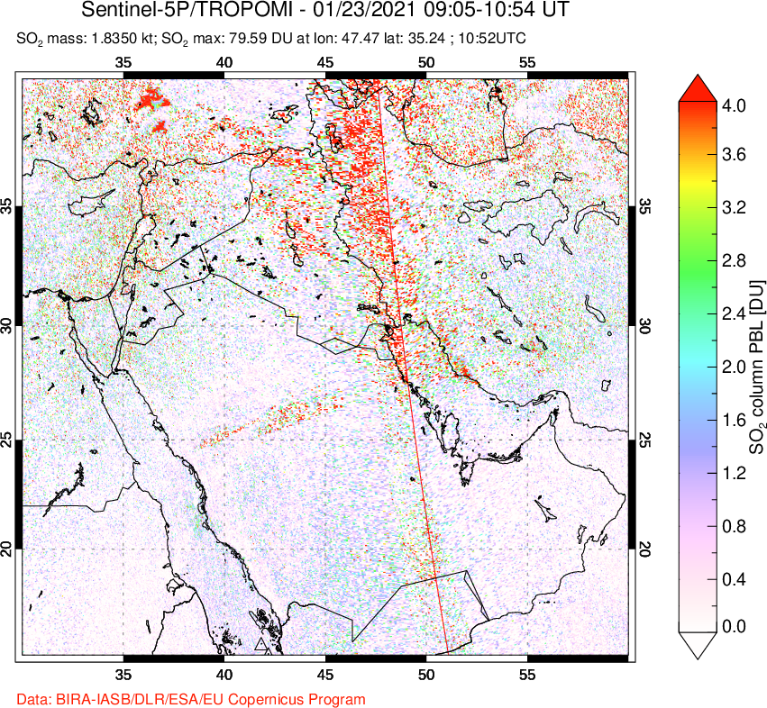 A sulfur dioxide image over Middle East on Jan 23, 2021.