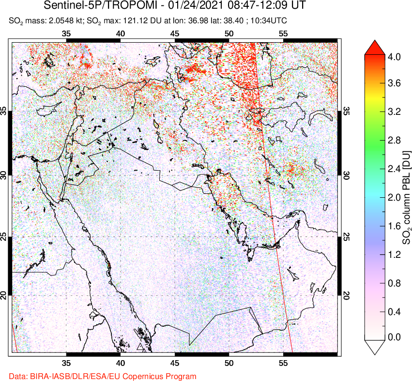 A sulfur dioxide image over Middle East on Jan 24, 2021.