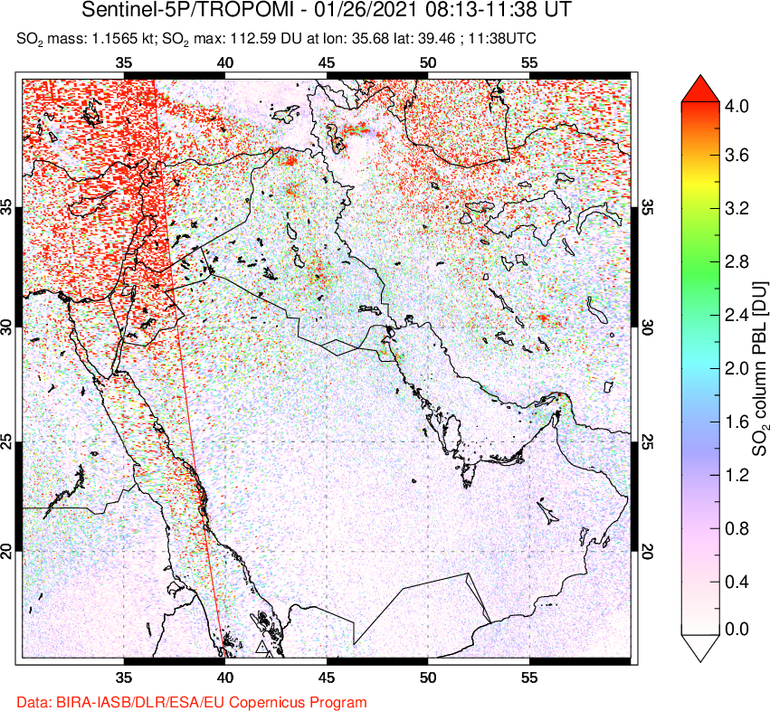 A sulfur dioxide image over Middle East on Jan 26, 2021.
