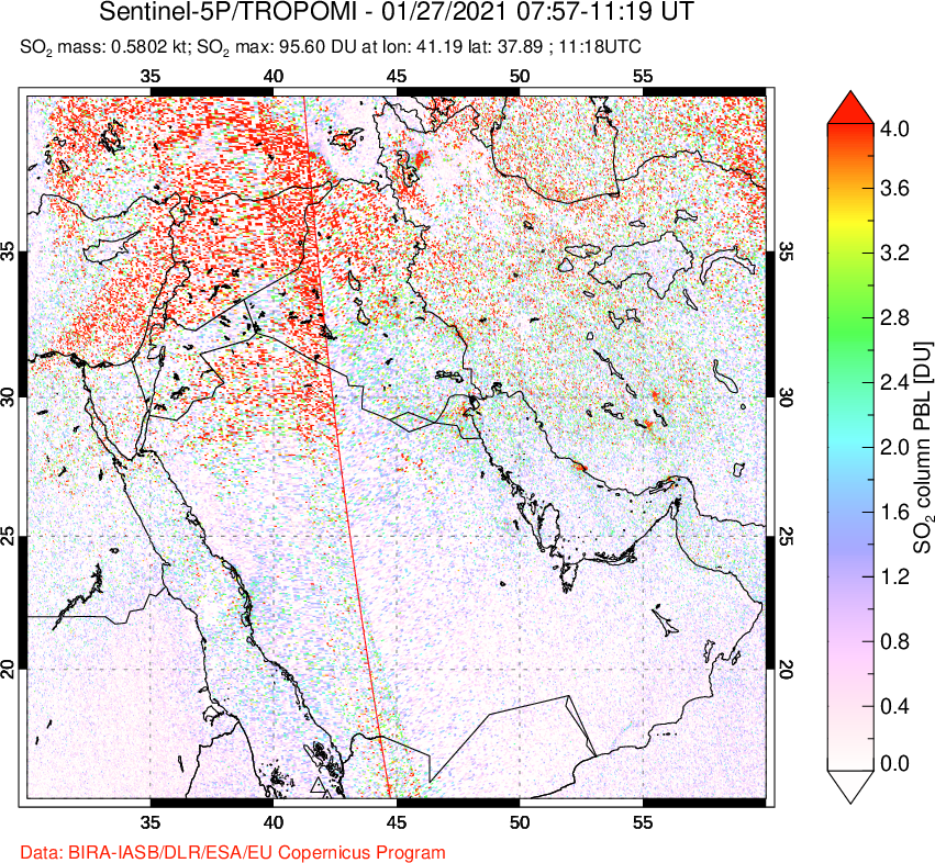 A sulfur dioxide image over Middle East on Jan 27, 2021.
